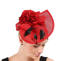 Red Apricot Scalloped and side swept Sinamay Fascinator With Flower Cocktail